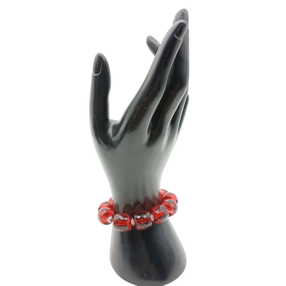 Vintage Style Red Faceted Bracelet, Lucite Beaded Stretch Bangle
